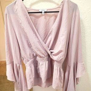 Beige Express deep plunge, flowy long sleeve top